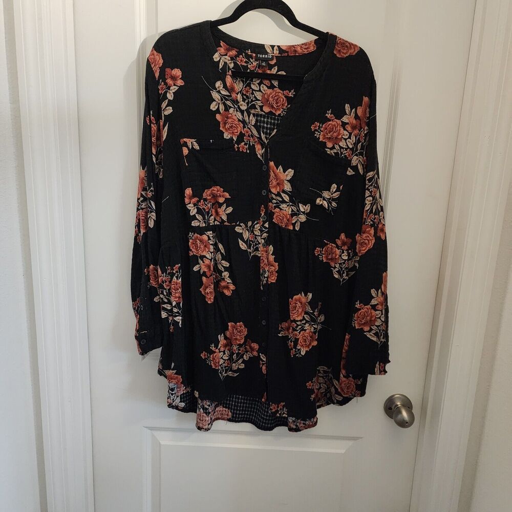 Torrid Womens 3X Tunic Emma Babydoll Challis Button-Front Floral Print Pockets